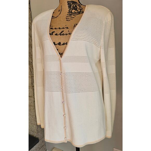 Escada Cardigan Knit Sweater Jewel Buttons Light Pastel Trim Viscose Blend, Sz L - Picture 2 of 11